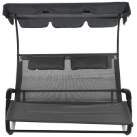 Outsunny Doppel-Sonnenliege für 2 Personen, inkl. Kissen u. Baldachin, 200 cm x 139 cm x 140 cm, Dunkelgrau(m-11)