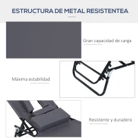 Outsunny Tumbona Plegable con Respaldo Regulable en 4 Posiciones Tumbona de Jardín con Almohada Marco de Acero y Tela Oxford para Camping Playa Terraza Carga 120 kg 190x56x28 cm Gris(m-5)