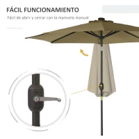 Outsunny Parasol de Terraza Ø268x238 cm con 24 Luces LED Solar Mecanismo de Inclinación Manivela y Poste Desmontable Marrón(m-5)