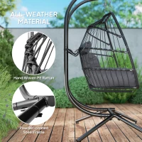 Outsunny Rattan Double Hanging Egg Chair with Stand, Foldable Wicker Swing Egg Chair with Cushion, Head Pillows, Steel Frame, Hammock Chair for Indoor Outdoor, Capacity 260 kg, Dark Grey(m-5)