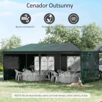 Outsunny Carpa de Jardín 6x3m con 4 Paredes Laterales y 2 Ventanas Visibles Cenador Gazebo de Exterior para Fiestas Eventos Verde(m-4)