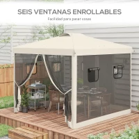 Outsunny Cenador de Jardín 3x3 m con Pared Lateral de Malla 6 Ventanas Altura Ajustable en 3 Niveles Protección Rayos UV30+ Beige(m-7)
