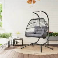 Outsunny Rattan Double Hanging Egg Chair with Stand, Foldable Wicker Swing Egg Chair with Cushion, Head Pillows, Steel Frame, Hammock Chair for Indoor Outdoor, Capacity 260 kg, Dark Grey(m-2)