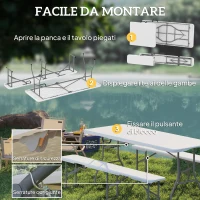 Outsunny Set da Pic Nic Pieghevole a 3 Pezzi con Tavolo e 2 Panche in HDPE e Metallo, Bianco e Grigio Chiaro(m-6)