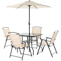 Outsunny Conjunto de Muebles de Jardín con 4 Sillas Plegables Mesa de Comedor de Vidrio y Sombrilla Inclinable Protección del Sol para Patio Terraza Exterior 80x80x70 cm Beige(m-11)