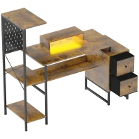 HOMCOM Secretária Estilo Industrial com Luzes LED Estação de Carga Suporte para Monitor Controlo Remoto 142x50x126,5 cm Castanho Rústico(m-1)