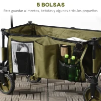 Outsunny Carro Plegable de Transporte con Mango Telescópico Tablero Plegable y 5 Bolsillos para Playa 108x55x93 cm Verde(m-8)