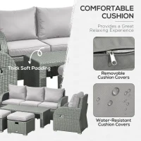 Outsunny Six-piece Outdoor Rattan Dining Set, Outdoor Sofa Set with Reclining Armchairs and Mental Frame, Grey(m-8)