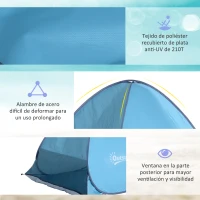 Outsunny Tienda de Playa para 2-3 Personas Pop-Up con Ventanas tipo Refugio con Protección Solar UV 200x150x119 cm Azul(m-6)