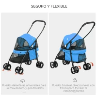 PawHut Cochecito para Perros Pequeños Plegable con Ventanas de Malla Cojín Lavable Correas de Seguridad y Marco de Acero Azul(m-5)