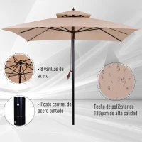 Outsunny Parasol de Jardín de Metal 3x3x3 m con Doble Techo Impermeable y Manivela para Terraza Balcón Exterior Beige(m-4)
