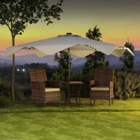 Outsunny Sombrilla de Jardín Manual Ø292x248 cm con 32 Luces LED Solares 8 Varillas Impermeable y Rejillas de Ventilación Crema(m-2)