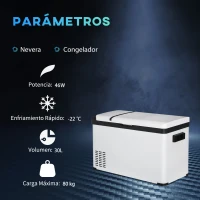 Outsunny Refrigerador de Coche 30L 12/24V hasta -22℃ Nevera Eléctrica con Luz LED y Asas Plegables 61x32x40 cm Blanco(m-4)
