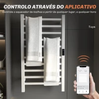 HOMCOM Toallero Elétrico de Parede 110W com Controlo WIFI Ecrã Tátil Temporizador 10 Barras Temperatura Ajustável Baixo Consumo IPX4 45x11x80 cm  Branco(m-4)