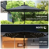 Outsunny Chapéu de Sol Excêntrico  Ø294 cm com 32 Luzes LED Solares Base Cruzada e Capa de Proteção Anti-UV 30+ Cinza Escuro(m-6)