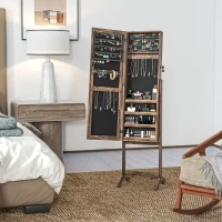 HOMCOM Espelho Joalheiro de Pé com Ângulos Ajustáveis Fechadura Magnética Organizador de Joias com Prateleiras 46x36,5x151,5cm Marrom Rústico(m-2)