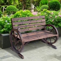 Outsunny Banco de madeira ao ar livre com apoio de braços em forma de roda Vista envelhecida para varanda Terraço 105,5x56x75 cm Marrom rústico(m-2)
