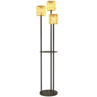 Outsunny Boho Rattan Floor Lamp, 3-Lights Rattan Lamp with Shelf, Freestanding Solar Garden Light with Auto On/Off Lights, IP44 Waterproof for Porch, Pathway, Deck, Yellow(m-1)