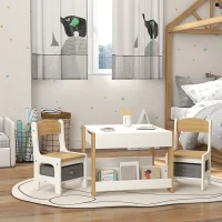 HOMCOM Juego de Mesa con Sillas para Niños 2 en 1 con Pizarra Cajones de Tela y Espacio de Almacenamiento Blanco y Natural(m-11)