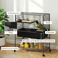 PawHut Gaiola para Animais Pequenos de 3 Níveis com Rodas Rampas e Bandeja Amovível Recinto para Roedores 88x48x102 cm Cinza Escuro(m-5)