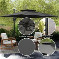 Outsunny Umbrelă de Soare Suspendată cu Parte Superioară Dublă, Mâner cu Manivelă și Înclinare, 247x247x268 cm, Gri(m-6)