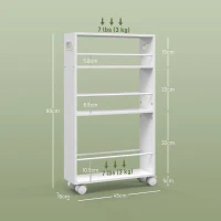 HOMCOM Carrello da Cucina e Bagno Salvaspazio a 3 Livelli con Barre Laterali e Ruote con Freni, Bianco(m-3)