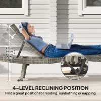 Outsunny Outdoor PE Rattan Sun Lounger, Folding Wicker Garden Lounger Recliner with 4-Level Adjustable Backrest, Rolling Sunbed Lounge Chair with Wheels, Non-Slip Legs for Balcony, Beach, Mixed-grey(m-5)