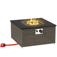 Outsunny Rattan Gas Fire Pit Table for Garden, 13 KW Smokeless Propane Fire Pit with Lid, Square Garden Coffee Table with Patio Heater for Outdoor, Patio, 58 x 58 x 33 cm, Grey(m-10)