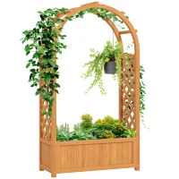 Outsunny Verhoogd Tuinbed Plantenbak met Klimrek, Boogdak Klimplantenrek Hout 83 x 36 x 145cm Lichtbruin(m-10)