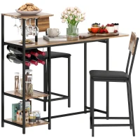 HOMCOM 3-delige Bartafelset, 1 Bartafel, 2 Stoelen, met Wijnrek, Glazenhouder, Open Planken, Voetensteunen, Bruin(m-1)