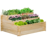 Outsunny Houten Verhoogde Bloembak, 3 Lagen, Voering van Vliesstof, Gelakt Natuurlijk Hout, 117 x 100 x 54 cm