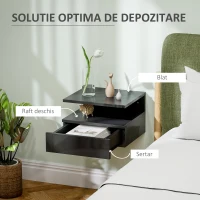 HOMCOM Noptieră Suspendată cu Sertar și Raft Superior din Lemn, 35x32x22,5 cm, Negru(m-5)