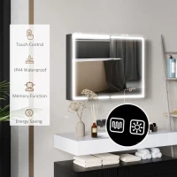 HOMCOM Dulap pentru Baie cu Oglindă cu Lumini LED și Priză, 80x12,8x60 cm, Negru(m-8)