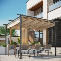 Outsunny 3 x 3(m) Metal Pergola with Retractable Roof, Garden Gazebo Metal Pergola Canopy. Outdoor Sun Shade Shelter for Party BBQ, Beige(m-2)