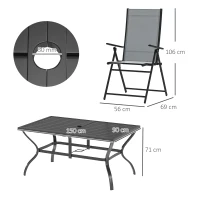 Outsunny Set pentru Grădină din 7 Piese, cu 6 Scaune Pliabile și Masă cu Orificiu pentru Umbrelă, 150x90x71 cm, Gri(m-3)