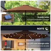 Outsunny Chapéu de Sol com 32 Luzes LED Solares Ø265x233cm Chapéu de Sol Inclinável com Manivela e Mastro de Aço para Terraço Pátio Exterior Marrom(m-4)