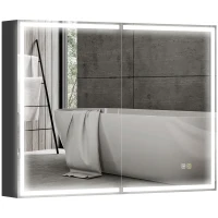 HOMCOM Dulap pentru Baie cu Oglindă cu Lumini LED și Priză, 80x12,8x60 cm, Negru(m-11)