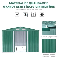Outsunny Abrigo de Jardim 258x206x178cm 5,3m² Abrigo de Aço Galvanizado com Portas de Correr e Ventilações para Armazenamento de Ferramentas Jardinagem Verde(m-5)