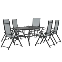 Outsunny Set pentru Grădină din 7 Piese, cu 6 Scaune Pliabile și Masă cu Orificiu pentru Umbrelă, 150x90x71 cm, Gri(m-10)