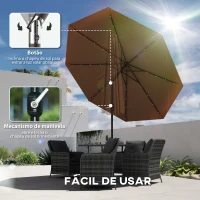 Outsunny Chapéu de Sol com 32 Luzes LED Solares Ø265x233cm Chapéu de Sol Inclinável com Manivela e Mastro de Aço para Terraço Pátio Exterior Marrom(m-6)