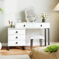 HOMCOM Dressing Table, Vanity Desk with Leaf Shape Mirror, Makeup Table with 5 Drawers, 3-Colour LED Lights, 100x40cm Tabletop, White(m-9)