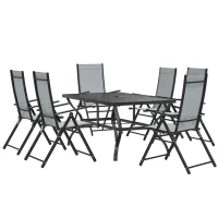Outsunny Set pentru Grădină din 7 Piese, cu 6 Scaune Pliabile și Masă cu Orificiu pentru Umbrelă, 150x90x71 cm, Gri(m-11)