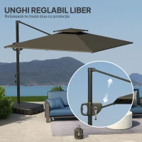 Outsunny Umbrelă de Soare Suspendată cu Parte Superioară Dublă, Mâner cu Manivelă și Înclinare, 247x247x268 cm, Gri(m-5)