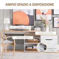 HOMCOM Scrivania Angolare con Libreria a 2 Ripiani, Armadietto e Cassetto, 140x117x76 cm, color Legno e Bianco(m-5)
