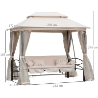 Outsunny Dondolo 3 Posti e Lettino Singolo Copertura a Gazebo con Zanzariera e Cuscini 256x172x248cm Crema(m-3)
