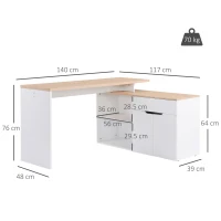 HOMCOM Scrivania Angolare con Libreria a 2 Ripiani, Armadietto e Cassetto, 140x117x76 cm, color Legno e Bianco(m-3)