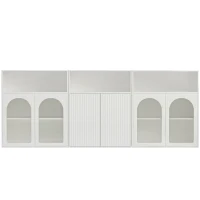 Buffet de rangement avec porte vitrée et éclairage LED, adapté à la cuisine et au salon, 210×35×90 cm, Blanc(m-2)