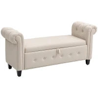 HOMCOM Banco de Pé de Cama de Linho com Dobradiças na Tampa Pés de Madeira e Apoio para os Braços 146,5x49x74,5 cm Bege(m-1)