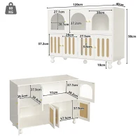 Buffet moderne avec design de touches de piano, porte en verre, pieds en colonnes rondes, 120×40×90 cm, Blanc(m-3)