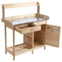 Outsunny Pflanztisch mit verzinkter Arbeitsplatte Gärtnertisch mit Schublade Schrank Garten Arbeitstisch Massivholz Natur 112 x 48 x 125 cm(m-13)